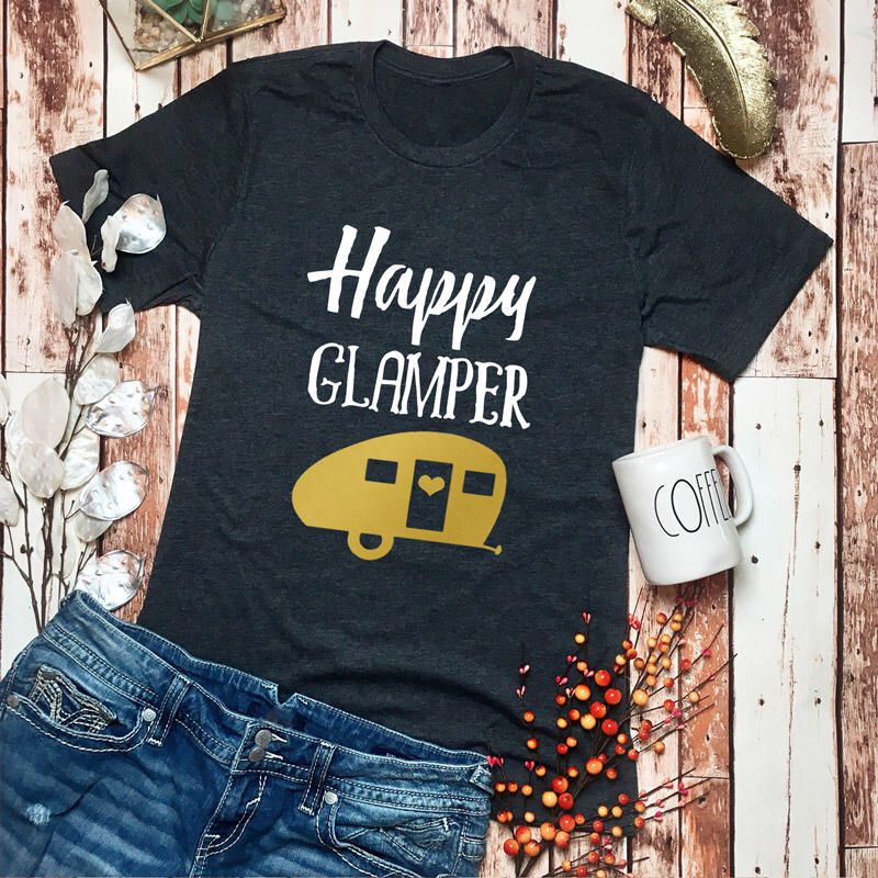 Happy Glamper Shirt – Camping Shirt – Glamping V Neck – Happy Camper Shirts – Camp Top – Nature Shirt – Glamping Tee – Womens Camping Shirt