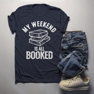 Men’s Funny Book T Shirt Weekend All Booked Shirt Librarian Author Gift Idea Geek Shirts Reader – Small _ Navy
