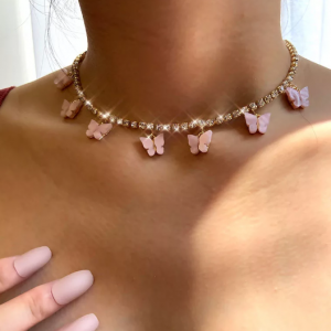 Fashion Bling Crystal Tennis Chain Choker Necklace for Women Gold Silver Color 7 Butterfly Cherry Pendant Necklace Party Jewelry Fashion Bling Crystal Tennis Chain Choker Necklace for Women Gold Silver Color 7 Butterfly Cherry Pendant Necklace Party Jewelry