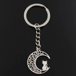 Fashion Keychain 30x25mm Moon Cat Silver Color Pendants DIY Men Jewelry Car Key Chain Ring Holder Souvenir For Gift