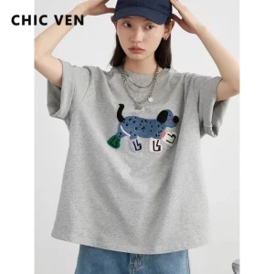 CHIC VEN Women T-Shirts Loose Streetwear Unisex Fun Dog Embroidered Short Sleeve Cotton Girl Tees Female Top Summer 2024 CHIC VEN Women T-Shirts Loose Streetwear Unisex Fun Dog Embroidered Short Sleeve Cotton Girl Tees Female Top Summer 2024