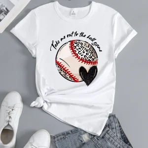 Baseball Graphic Short Sleeve Sports T-shirt, Round Neck Short Sleeves Running Workout Tops, Women's Activewear