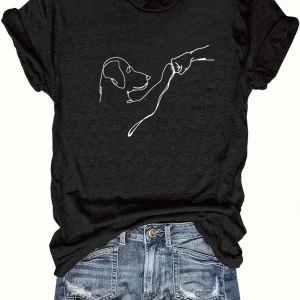 Dog & Hand Print T-Shirt, Casual Crew Neck Short Sleeve Top for Spring & Summer, Women’s Clothing Dog & Hand Print T-Shirt, Casual Crew Neck Short Sleeve Top for Spring & Summer, Women's Clothing