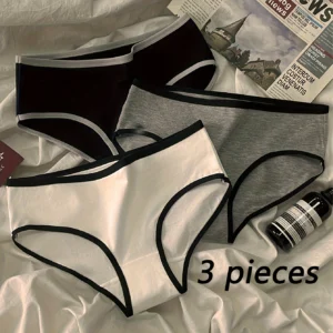 3pcs Sports Cool Style Instagram Minimalist Girls' Underwear Mid Waist Japanese Black and White Pure Cotton Women's Triangle Top