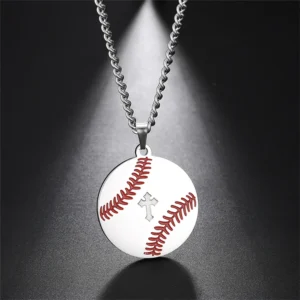 EUEAVAN Fashion Baseball Cross Bible Round Pendant Necklace for Woman Man Stainless Steel Clavicle Chain Sport Casual Jewelry