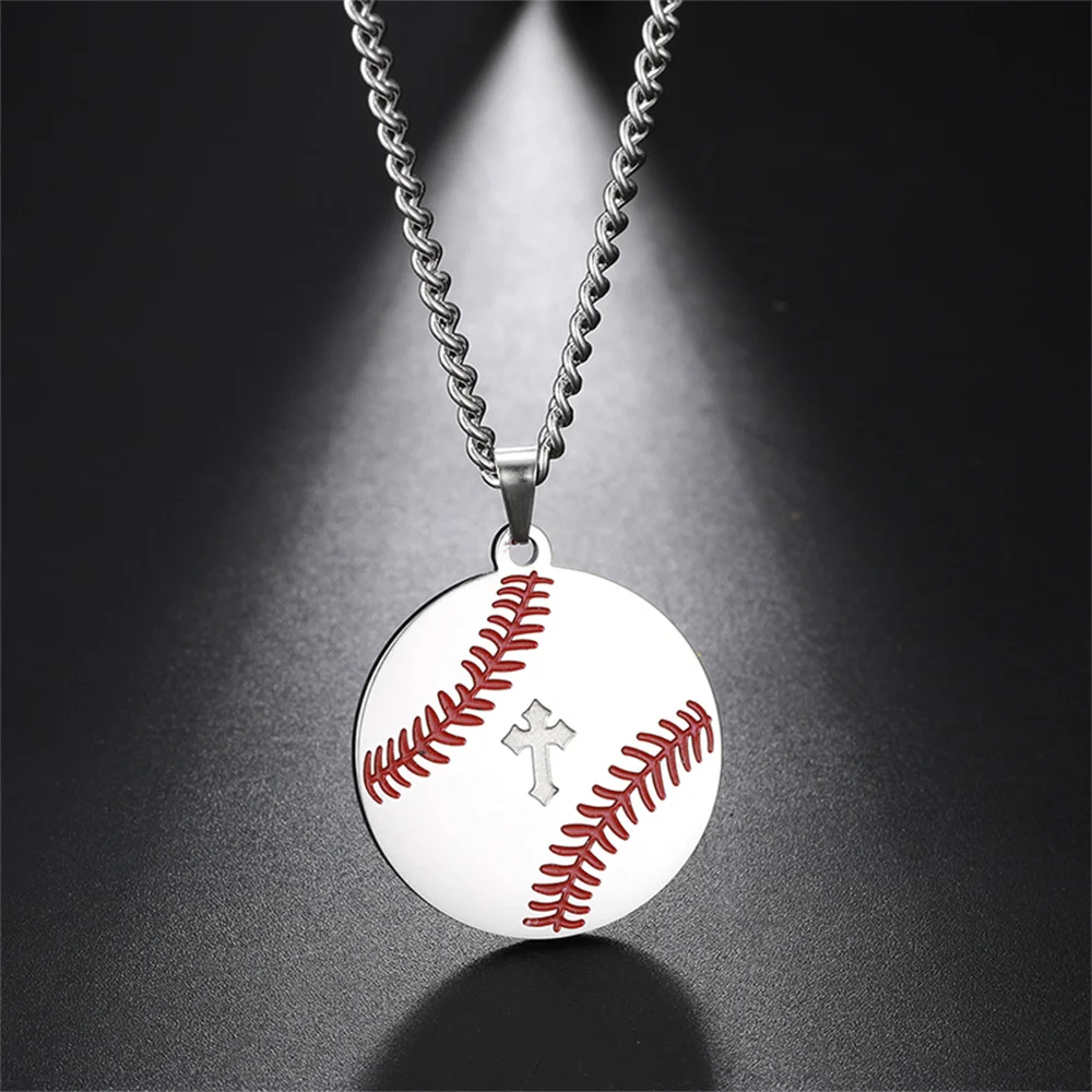 EUEAVAN Fashion Baseball Cross Bible Round Pendant Necklace for Woman Man Stainless Steel Clavicle Chain Sport Casual Jewelry EUEAVAN Fashion Baseball Cross Bible Round Pendant Necklace for Woman Man Stainless Steel Clavicle Chain Sport Casual Jewelry